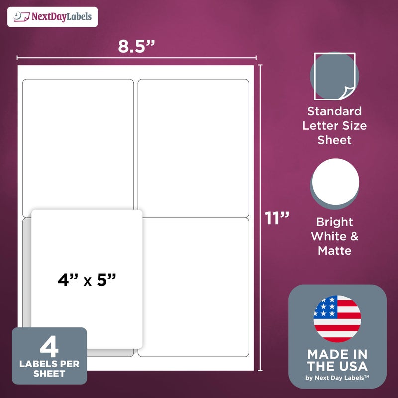 NextDayLabels â€“ 4â€ x 5â€ Rectangular Sticker Labels for Printer - White Laser/Inkjet Printer Labels Return Address Labels Shipping Label Stickers (25 Sheets, 4 Per Sheet, 100 Labels) - Image 2